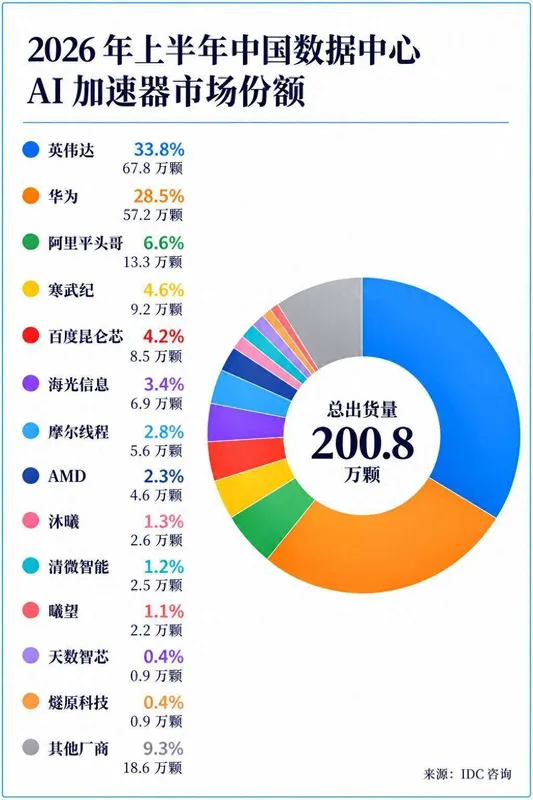 IDC:上半年中国数据中心 AI 加速器出货200.8万颗,平头哥13.3万颗居第三